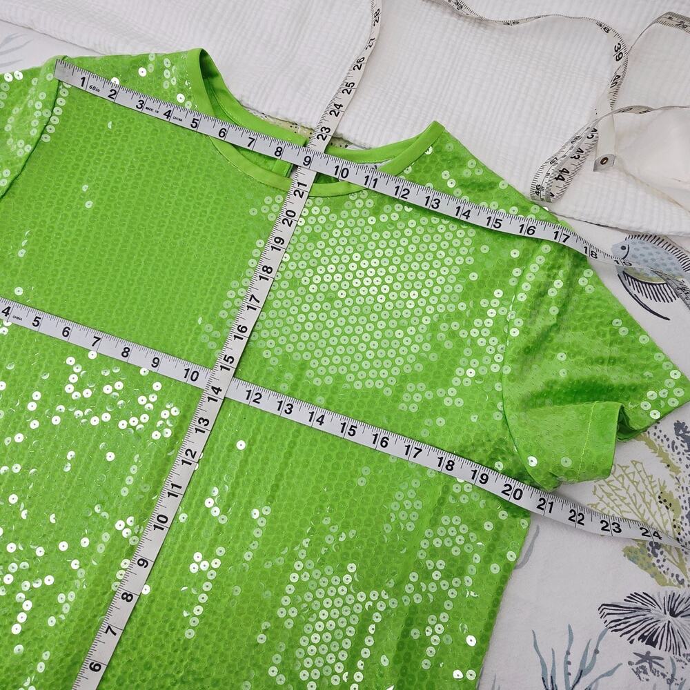 Vintage 90s Neon Green Sequined Top Rave Festival Parade Made in U.S.A. - Picture 6 of 9